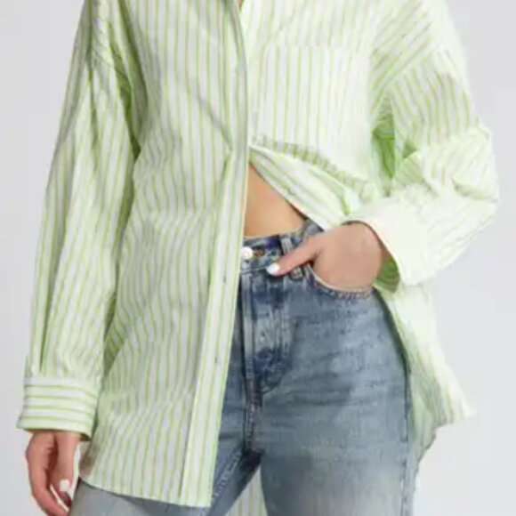 Topshop super oversized stripe button up shirt in lime green - size S - Picture 2 of 9